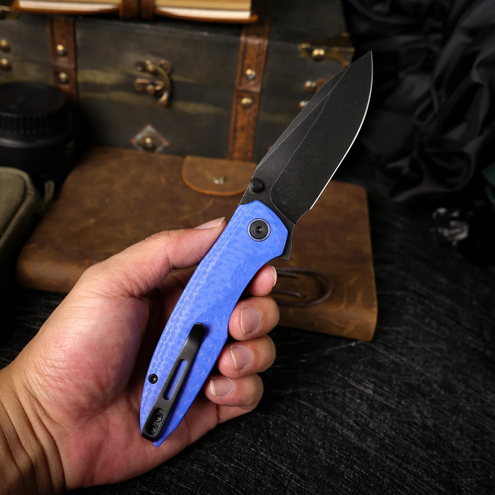 REMETTE Cool Whale Folding Knife 3.5″ 14C28N Sandvik Steel Blade Blue G10 Handle