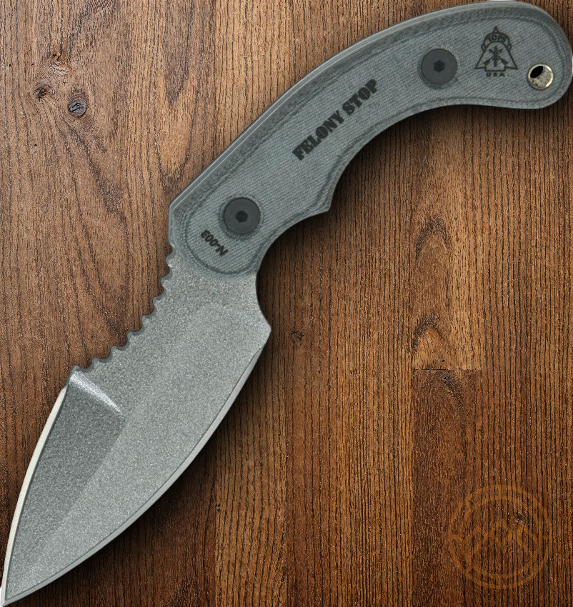 TOPS Felony Stop Fixed Knife 3.5″ 1095 Steel Blade Gray Micarta Onlay Handle