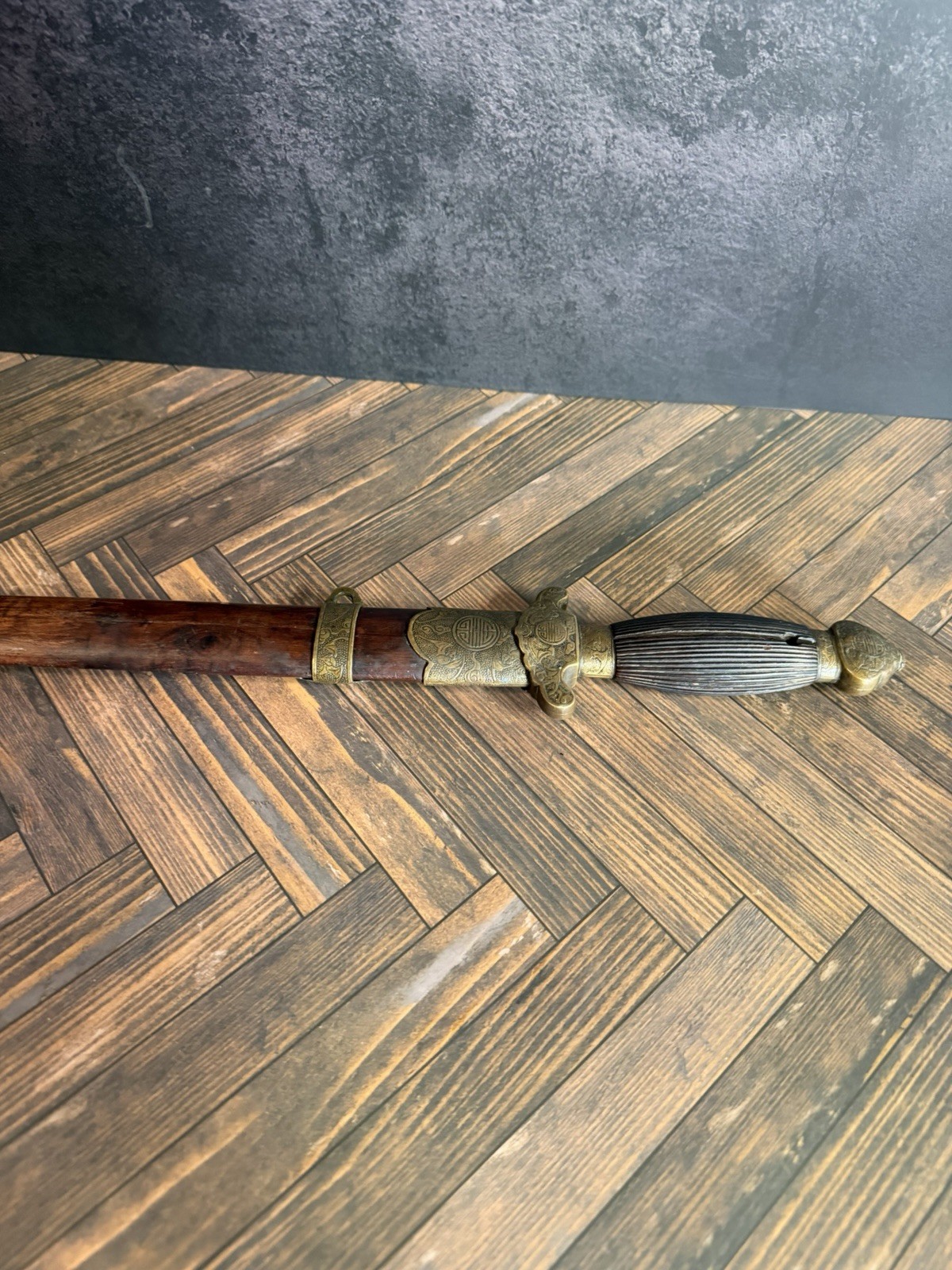 Antique Chinese Qing Era Jian Short Sword Fushou Brass Mounts 23.5in