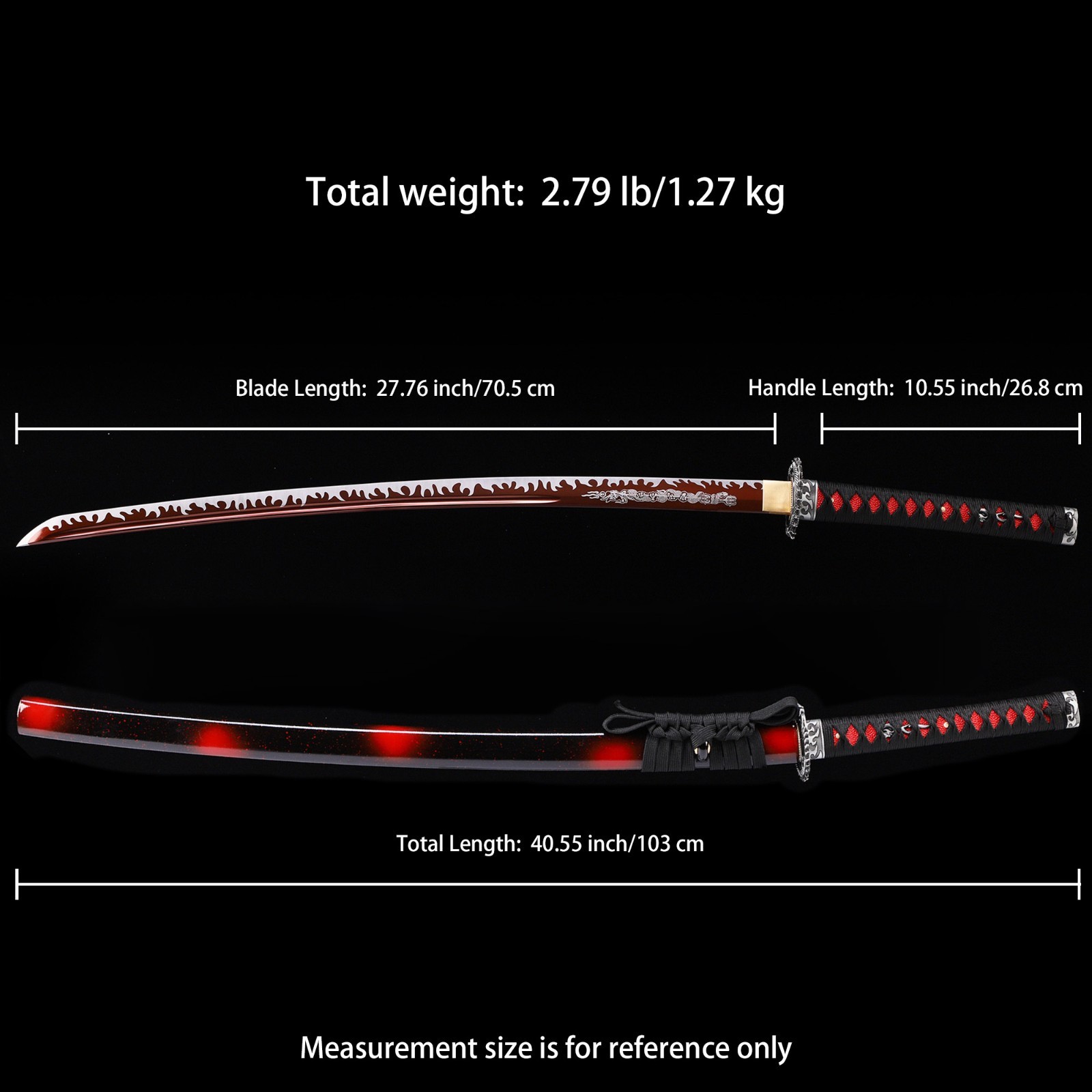 Handmade Katana, Japanese Samurai Sword Katana Red Black, Full Tang