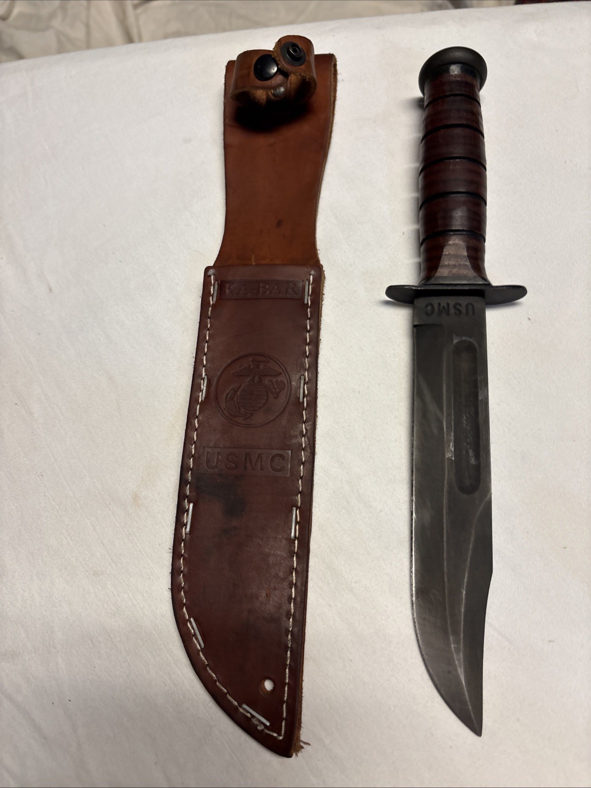 KA-BAR U.S.M.C. Military Fixed Blade Fighting Knife Leather Sheath Olean NY 1217