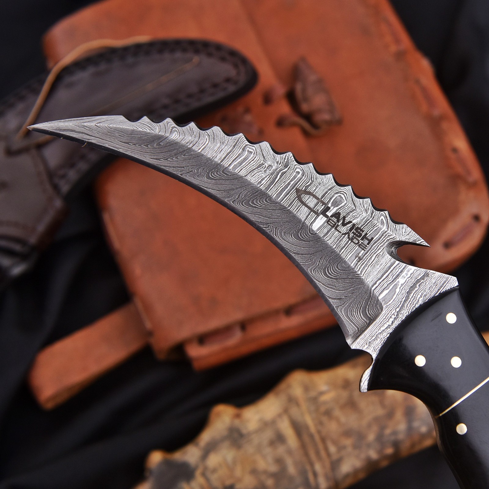 Handcrafted Damascus Karambit Knife Black Wood Hunting Survival Custom Sheath