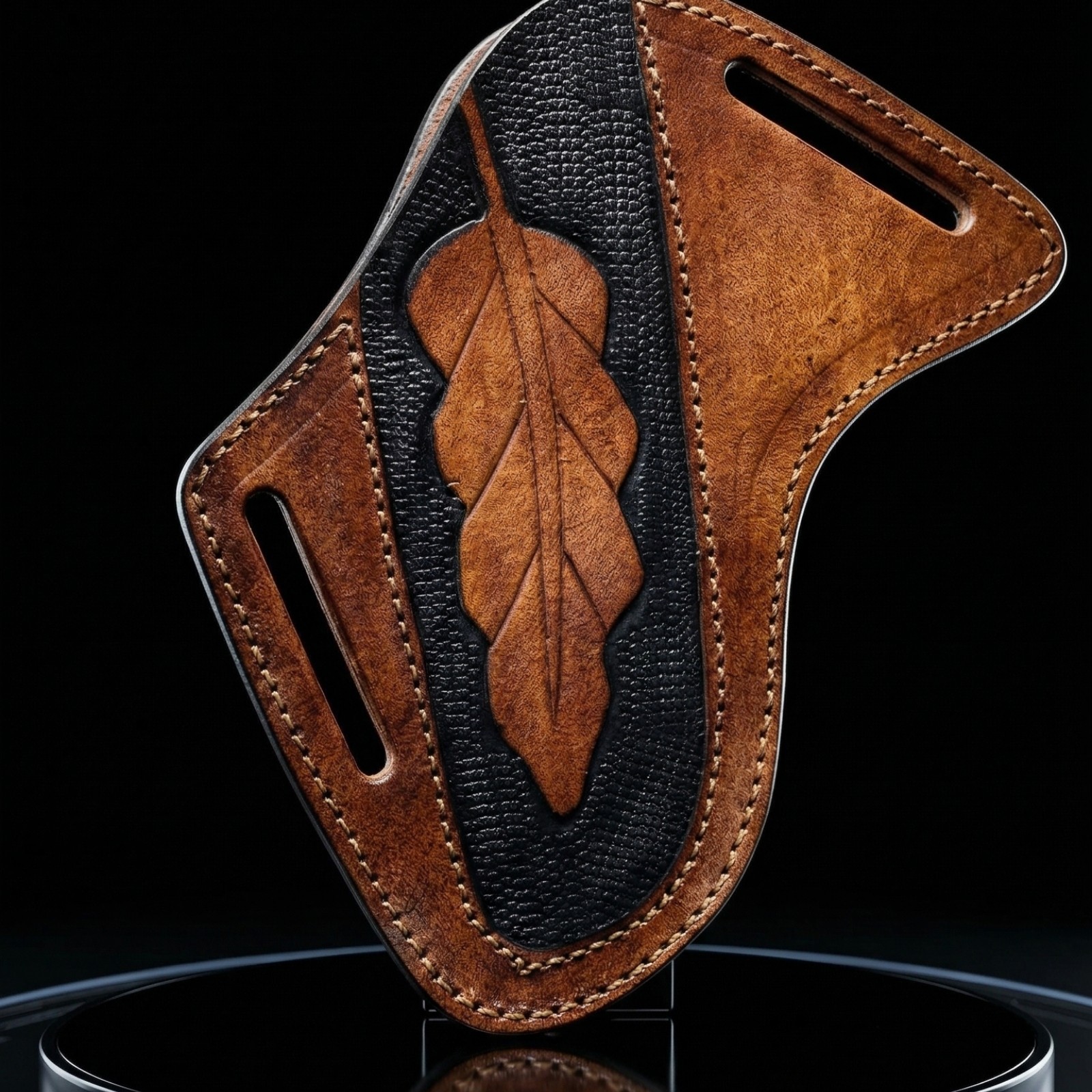 Handmade Two Tone Leather Pancake Sheath Oak Leaf Cross Draw Fits 4-5 inch Blade