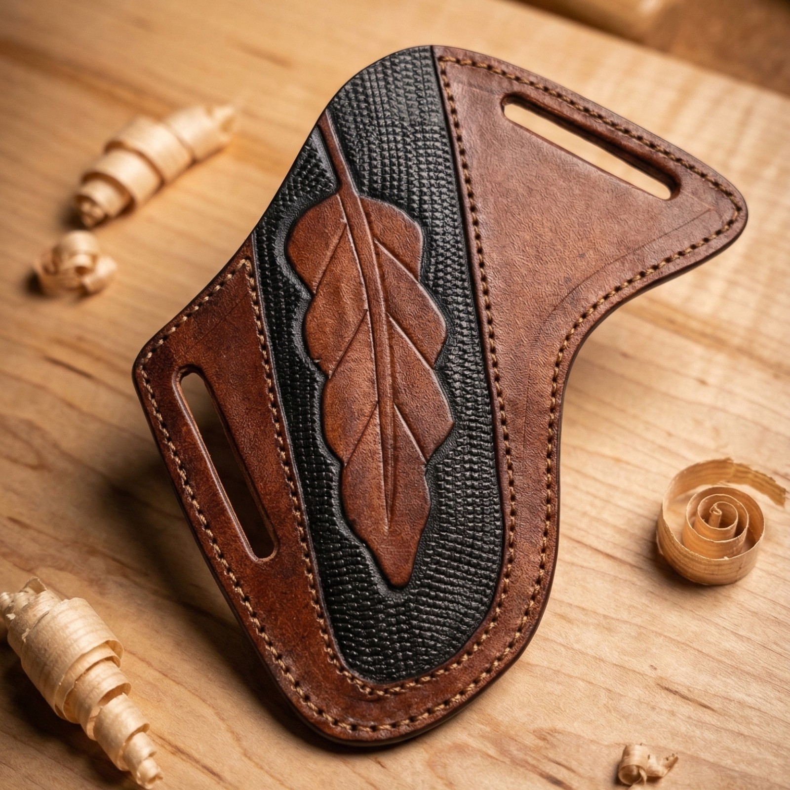 Handmade Two Tone Leather Pancake Sheath Oak Leaf Cross Draw Fits 4-5 inch Blade