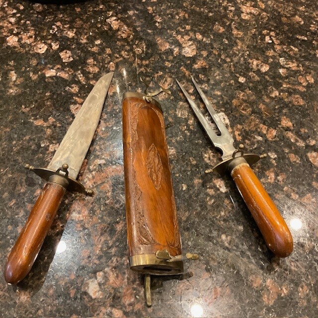 Vtg Decorative Knife & Fork Set In Wooden Hand Carved & Brass Casing India