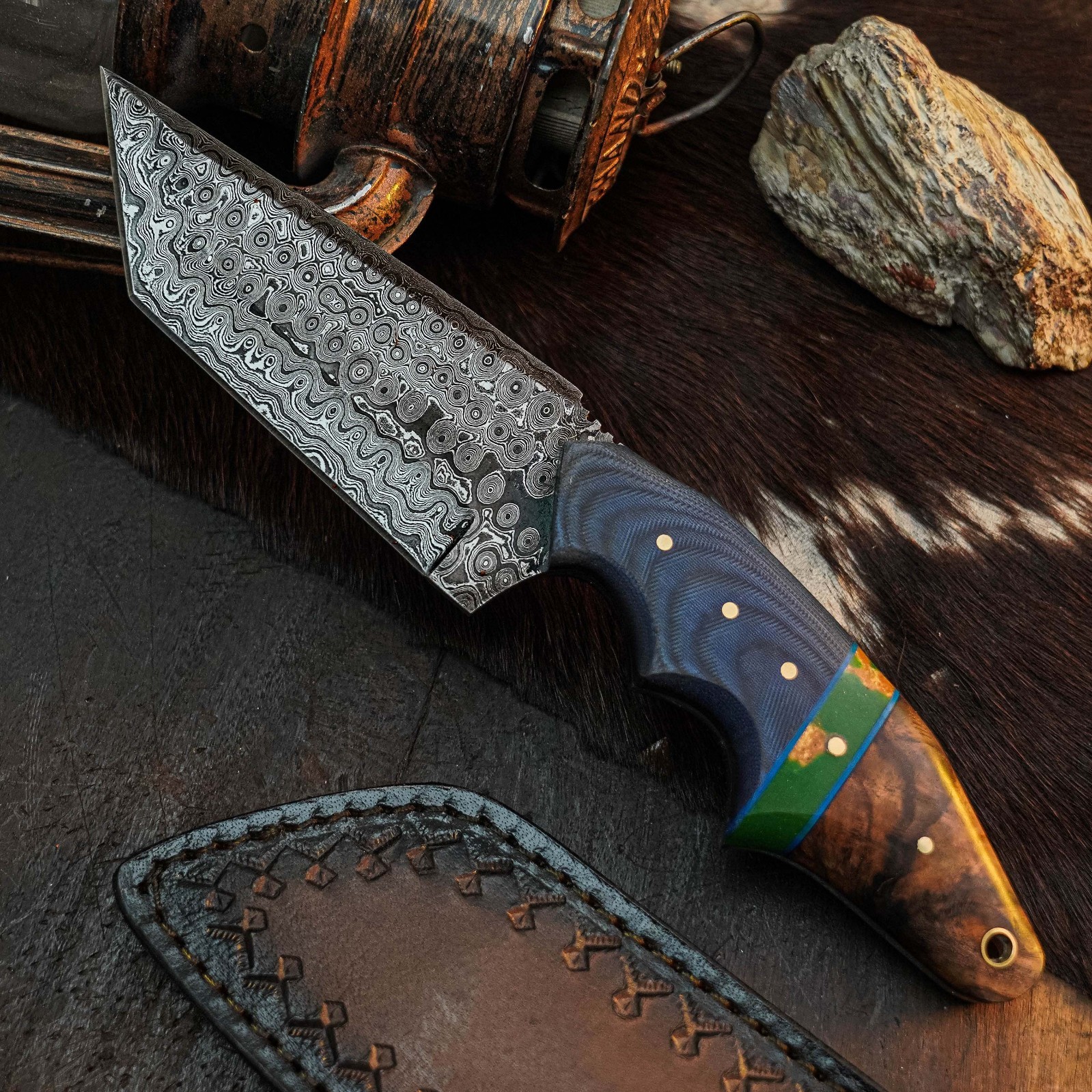 9.2″ Tanto EDC Knife Damascus Fixed Blade Wood Handle Full Tang + Sheath