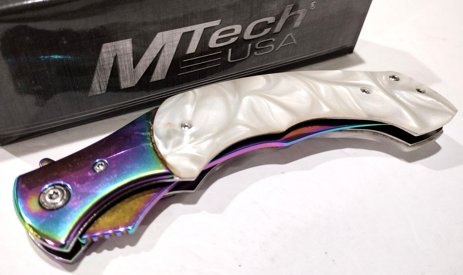 MTECH A/O Large Curved Blade MOP Pearl Tactical Linerlock Folding Pocket Knife