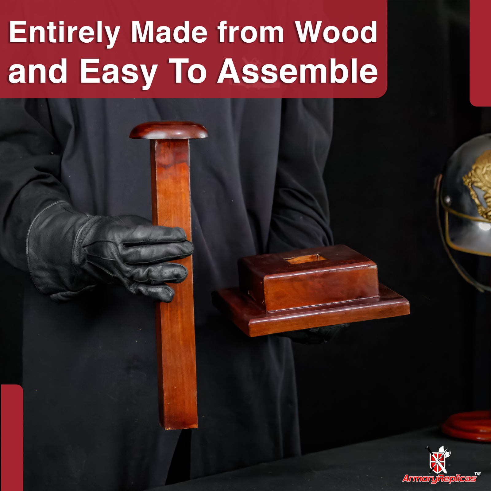 MANGO WOOD HELMET ARMOR STAND | HANDCRAFTED SQUARE BASE POLISHED WOOD DISPLAY
