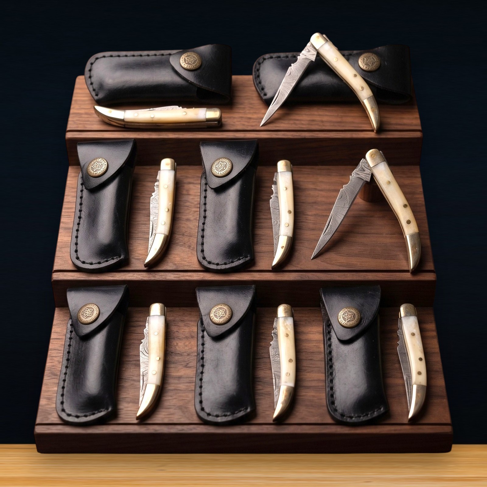Wholesale Lot 8 Damascus Pocket Knives Camel Bone Gentleman Folder With Sheath