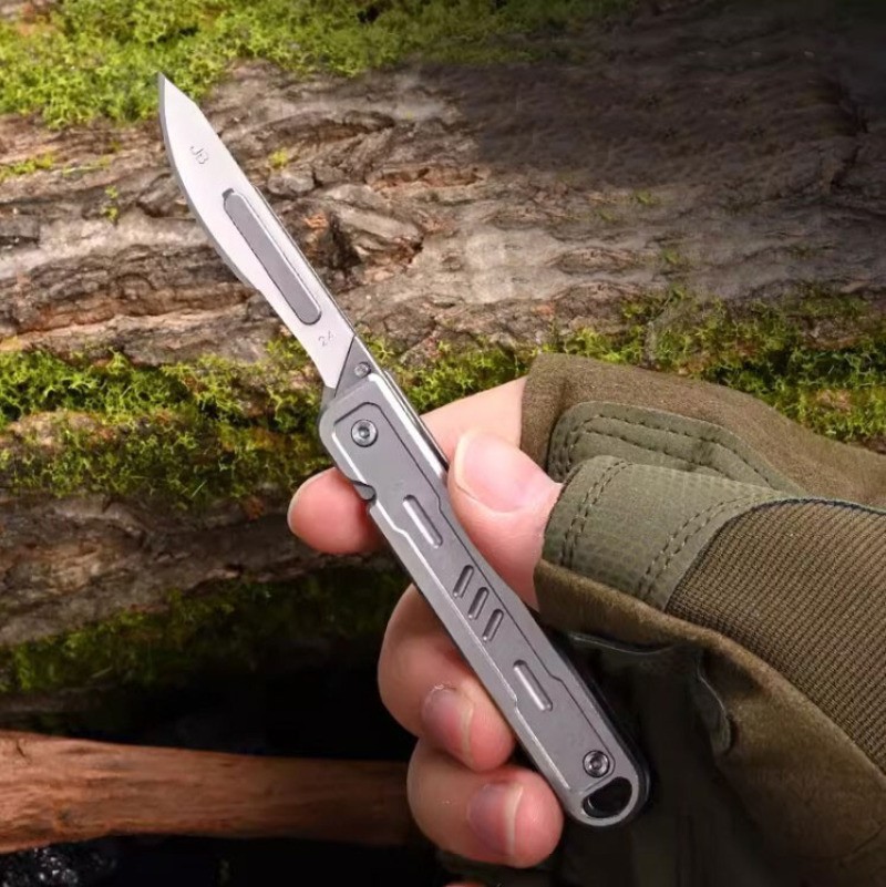 Stainless Steel Folding Utility Knife Scalpel Blade Outdoor EDC Keychain Tool
