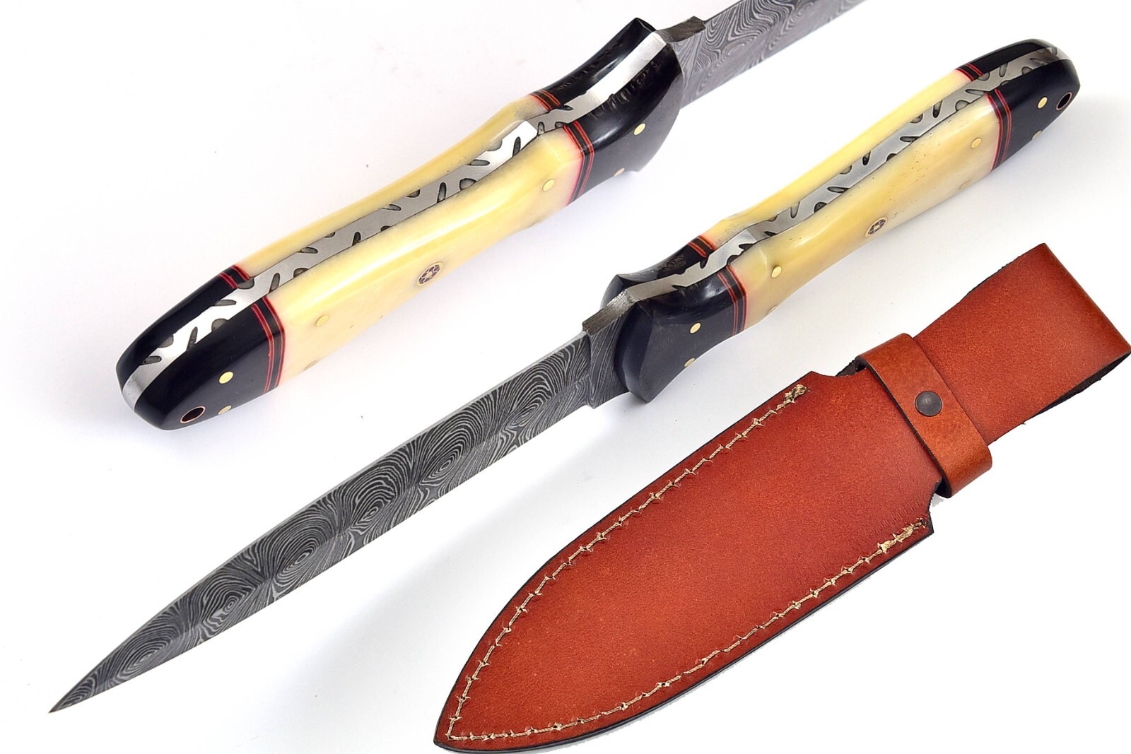 Damascus Steel Blade Double Edge Outdoor Knife for Survival, Camping, Hiking
