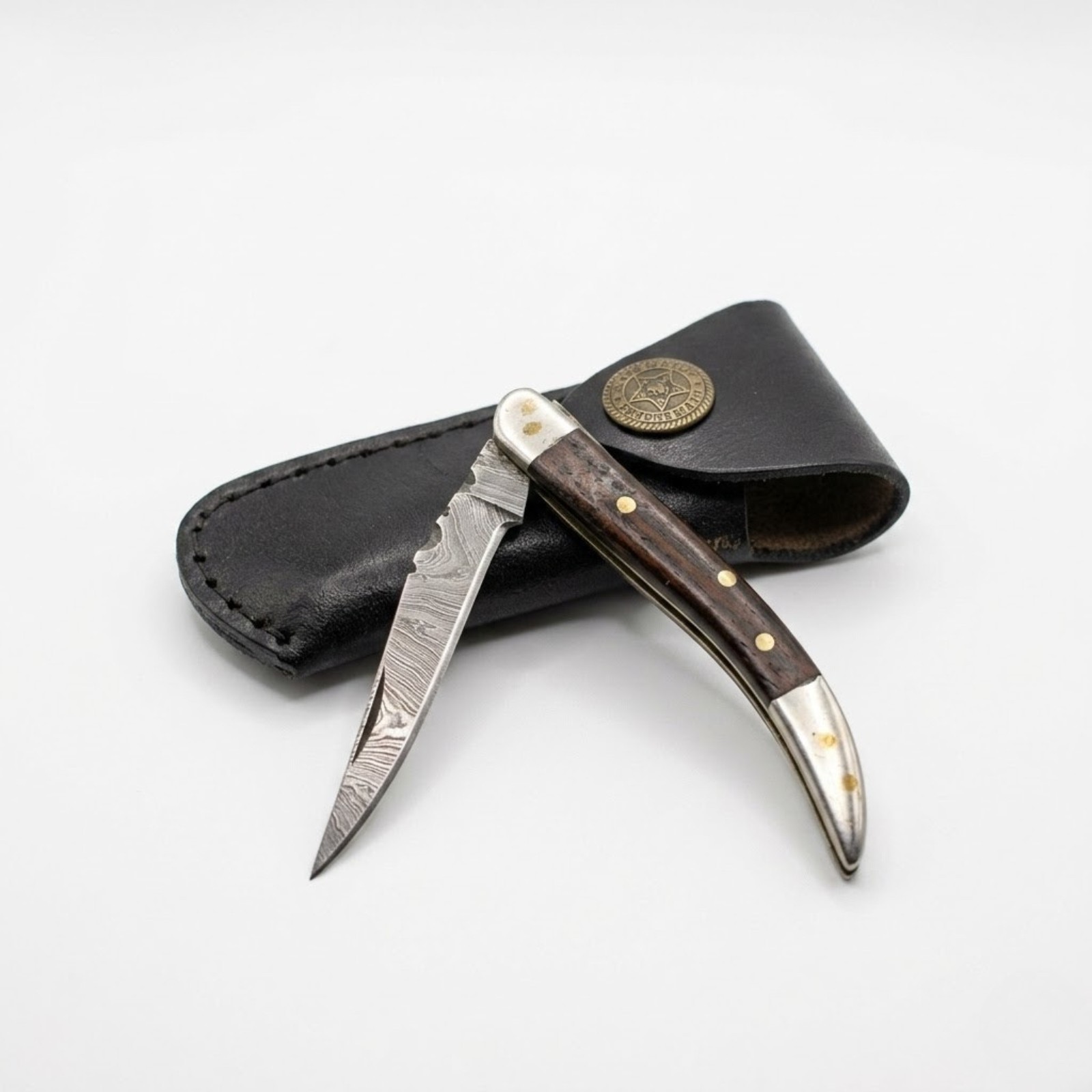 Damascus Steel EDC Folding Knife Wood Handle Toothpick Pocket Knife with Sheath