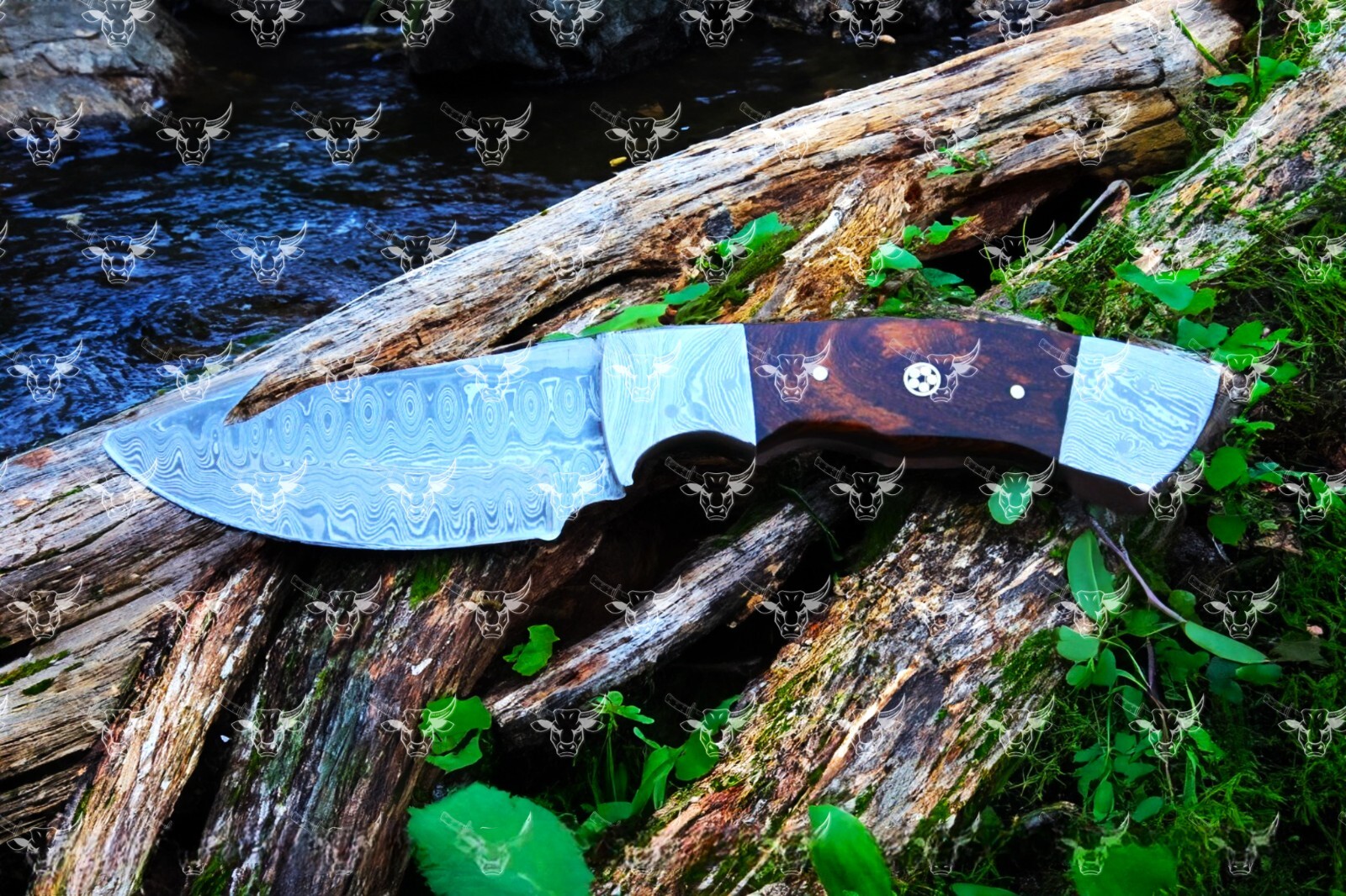 hand carved Damascus Steel Bowie Hunting Knife Rose Wood Handle W/ Sheath gift