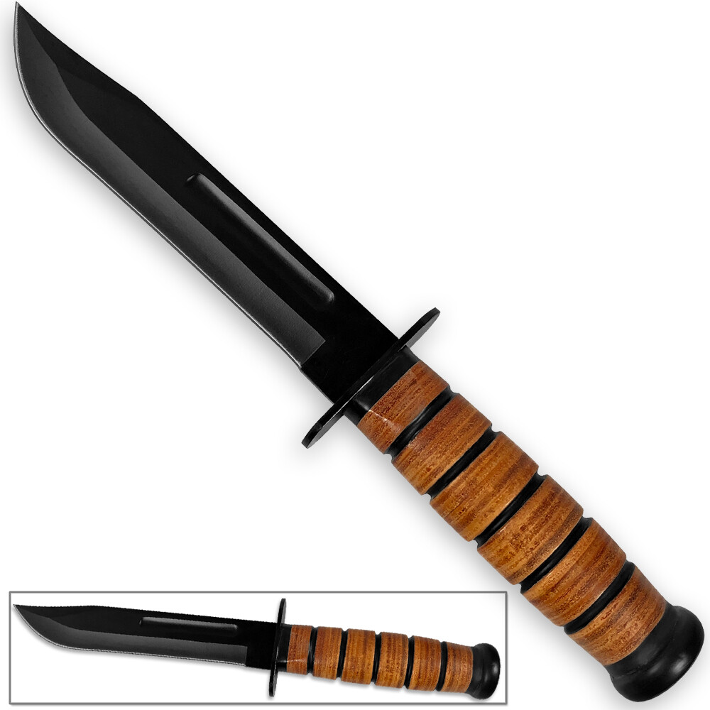 Reproduction WWII Combat USMC Kabar-Style Fighting Knife with Leather Sheath