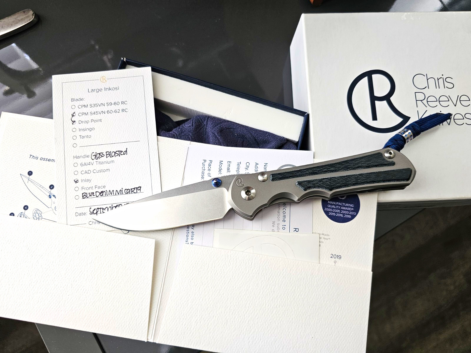 Chris Reeve Large Inkosi BIue Denim Micart Inlay S45VN Drop Point