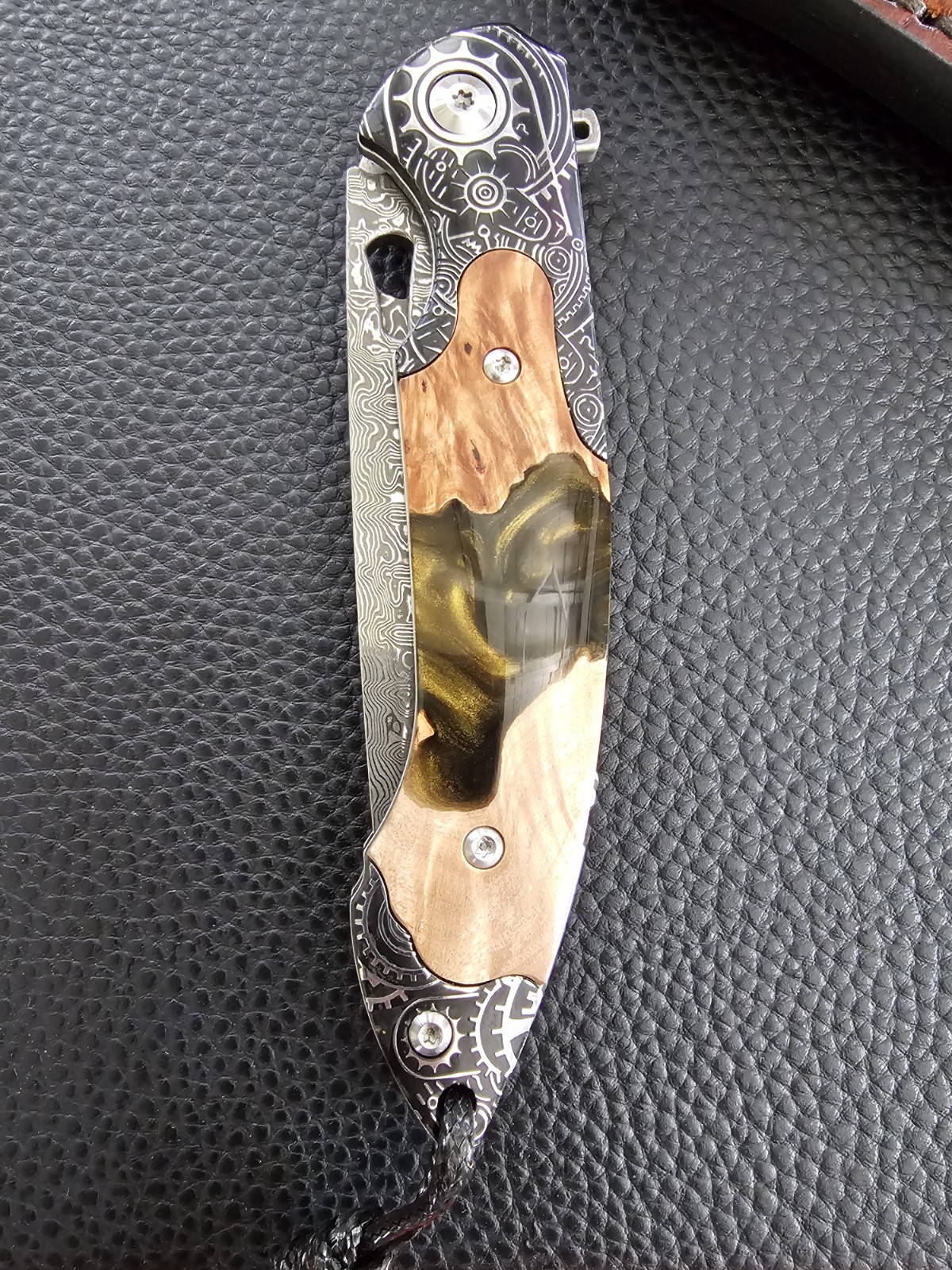 Damascus Steel Pattern Folding Pocket Knife Wood Resin Handle Leather Sheath NEW