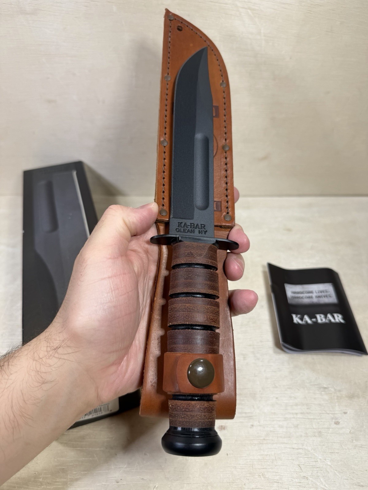 Vintage Ka-Bar Fixed Blade Knife w/ Leather Sheath USMC Marines Miltary