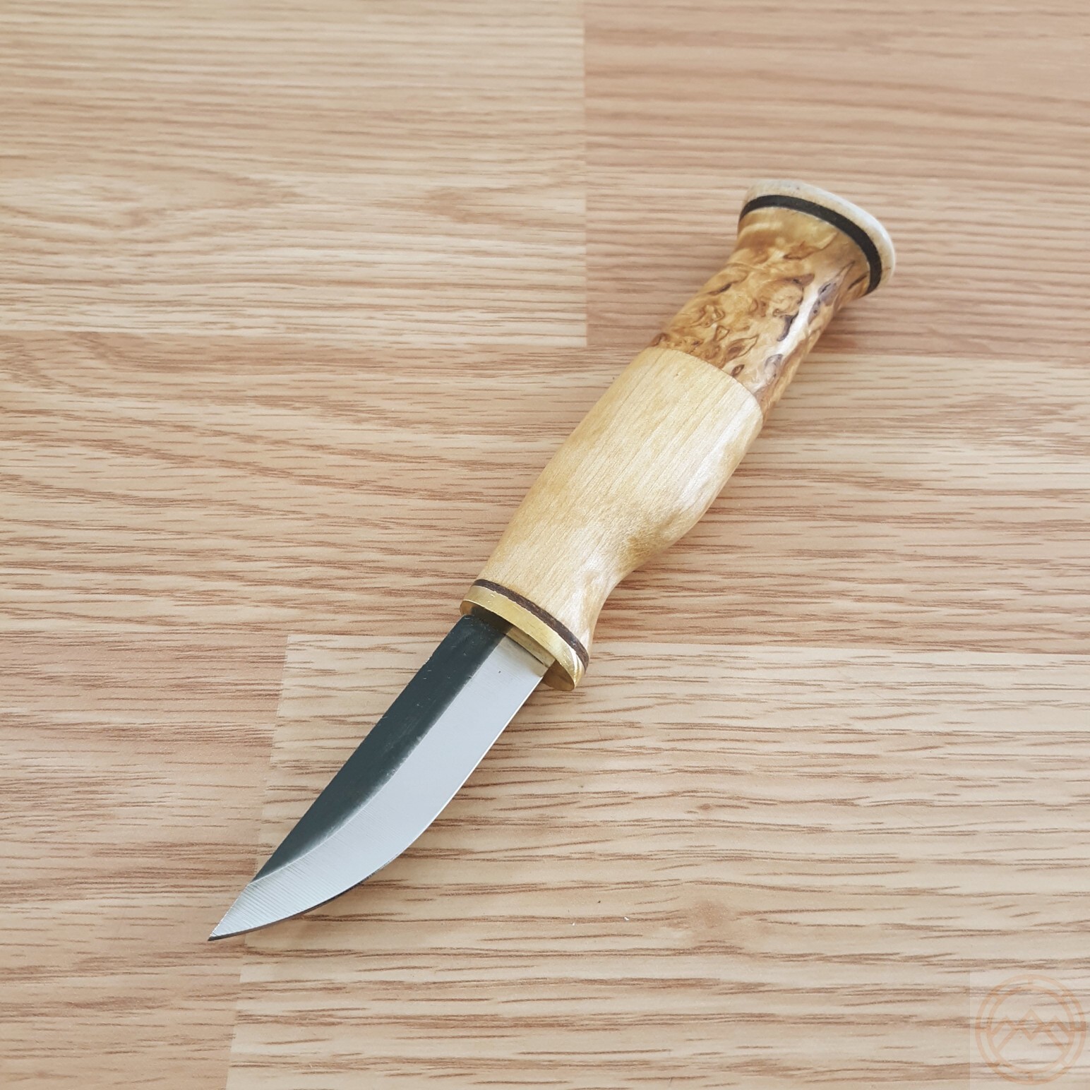 Wood Jewel Set Fixed Knife Carbon Steel Blade Curly Birch Handle w/Brown Sheath