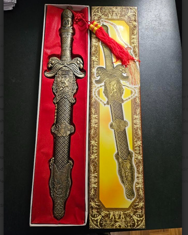 Long Buddha Dagger with Blood Groove, Sheath w/Chains and Red Tassle HK2588