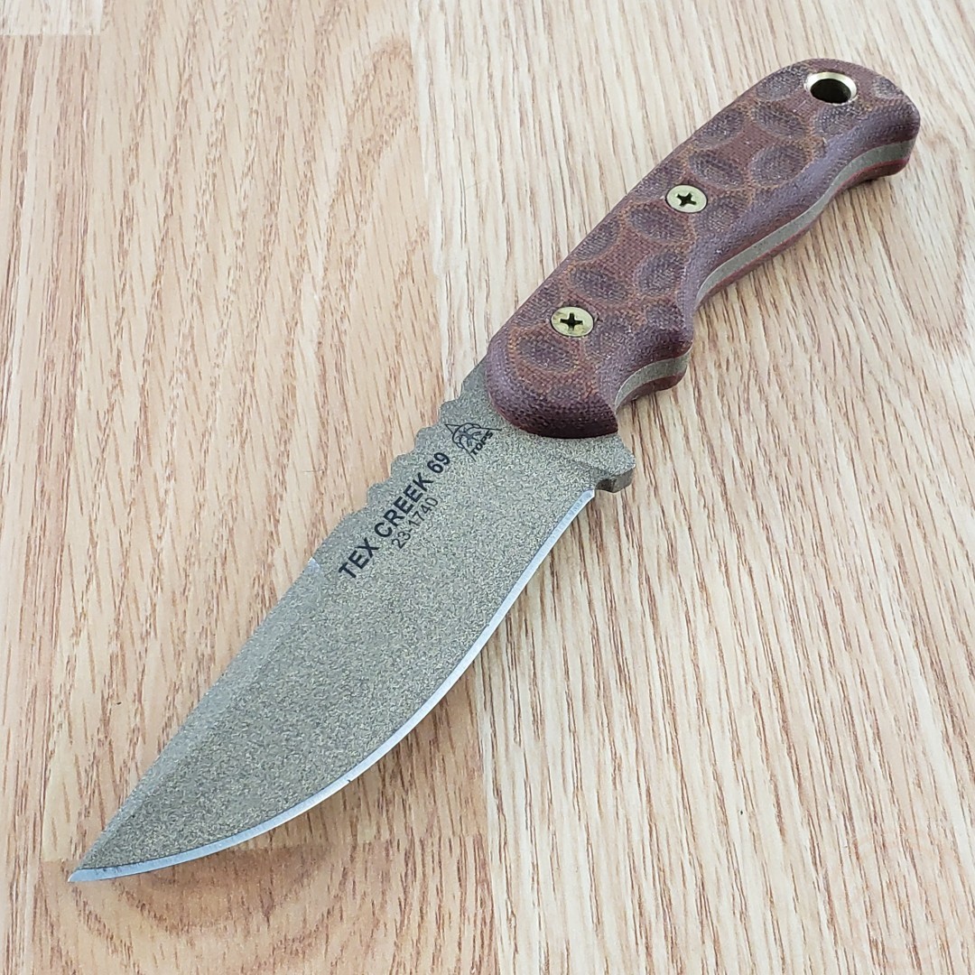TOPS Tex Creek 69 Fixed Knife 4″ 1095 Tool Steel Drop Point Blade Micarta Handle