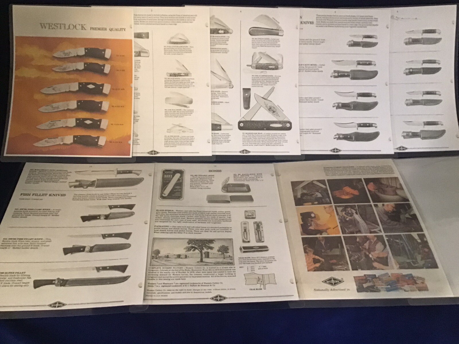 VINTAGE 9 PAGE LAMINATED COPY OF 1980 #51 WESTERN QUALITY CUTLERY KNIVES CATALOG