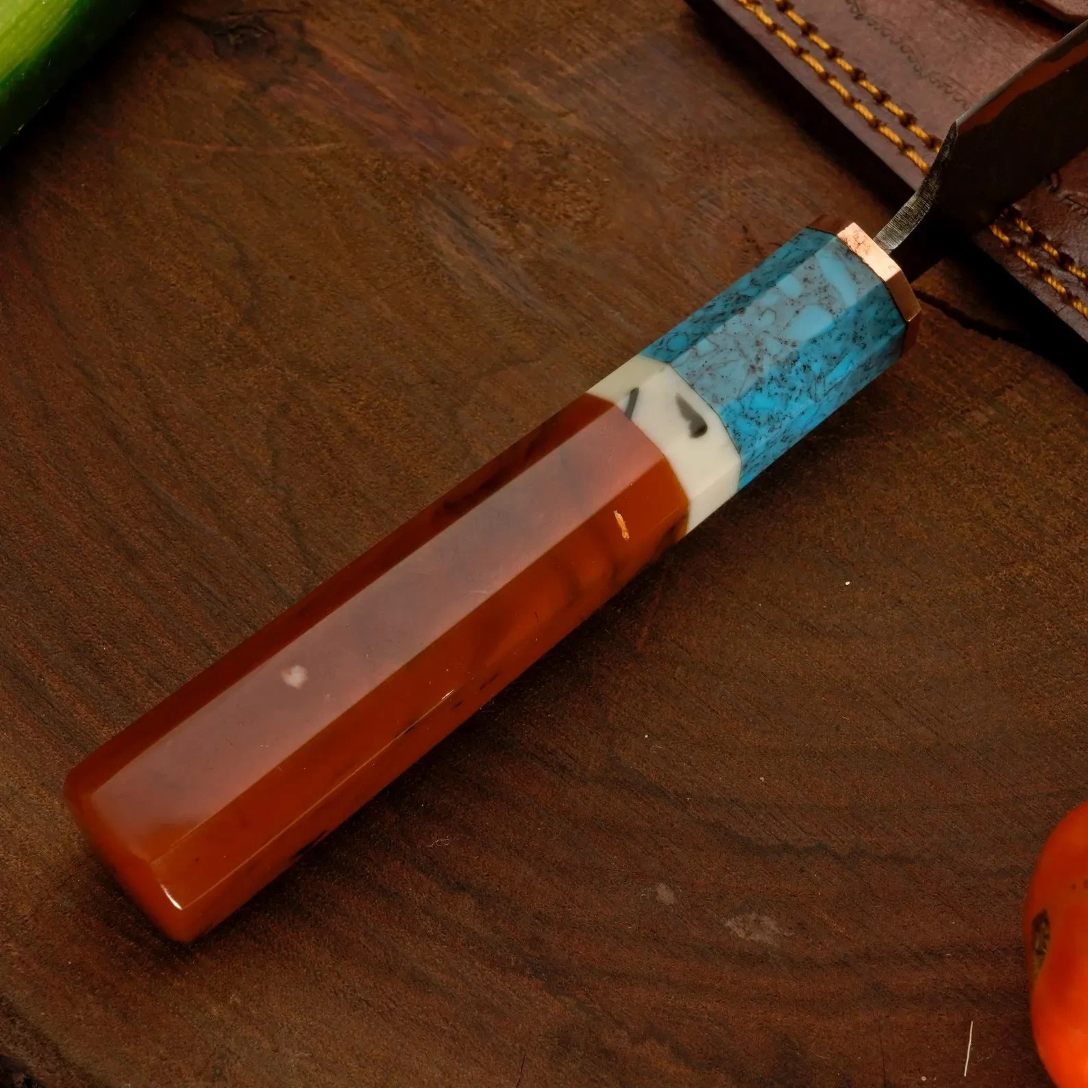 Custom Handmade Damascus Steel Copper San mai Chef knife & Leather Sheath