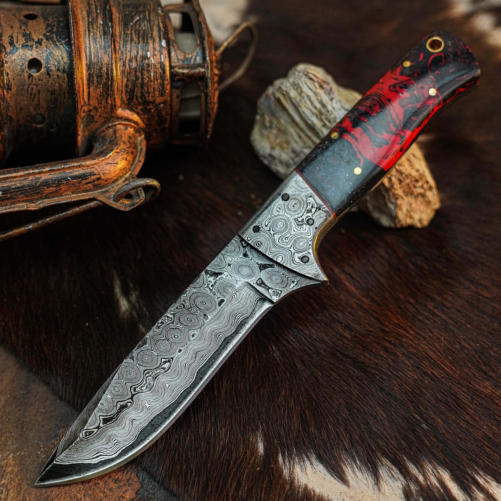 8.9″ Hunting EDC Damascus Knife Handmade Full Tang Resin Handle + Sheath