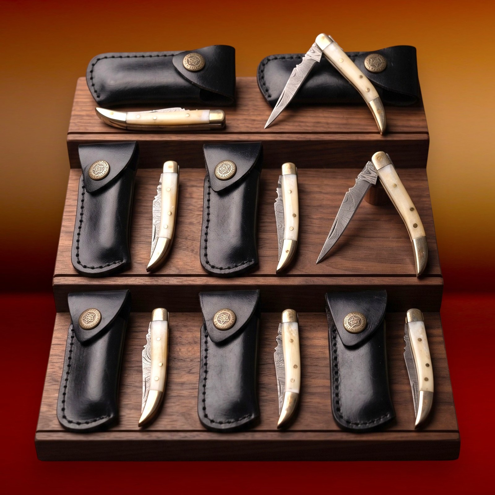 Wholesale Lot 8 Damascus Pocket Knives Camel Bone Gentleman Folder With Sheath