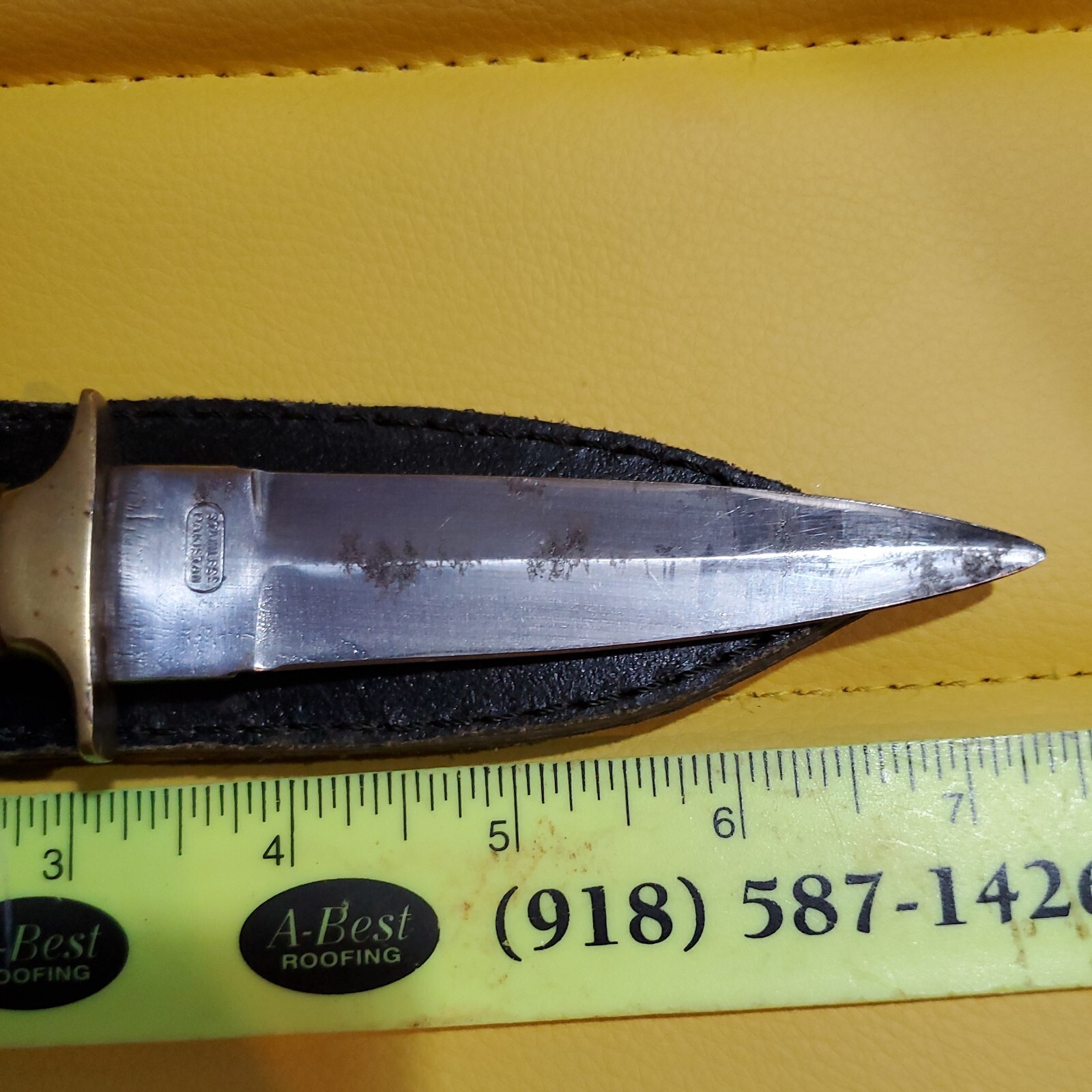 Vintage 4″ Knife Dagger Wooden Handle Brass Pommel and Hilt with Leather Sheath