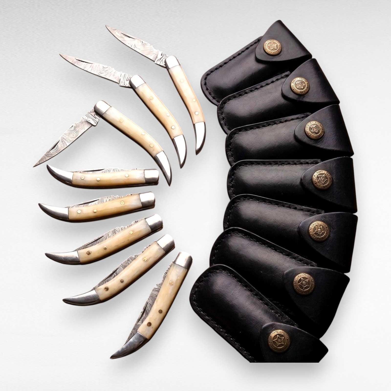 Wholesale Lot 8 Damascus Pocket Knives Camel Bone Gentleman Folder With Sheath