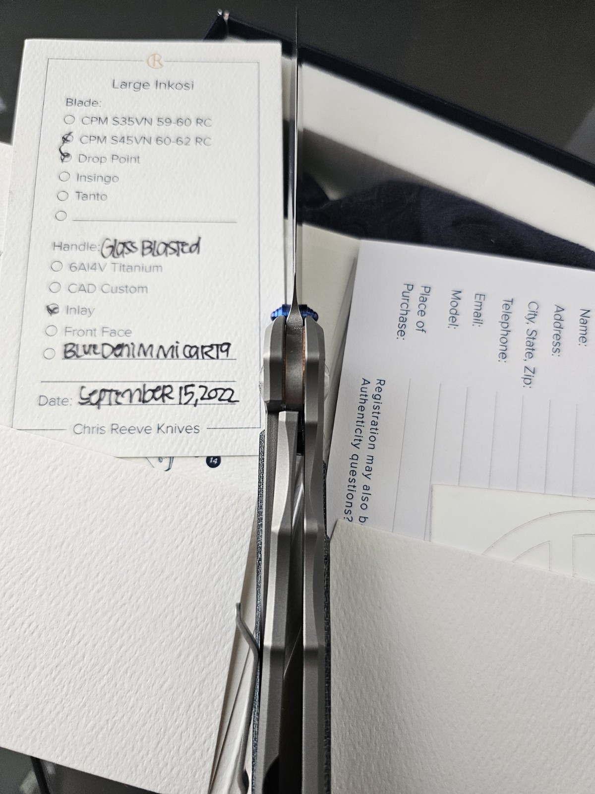 Chris Reeve Large Inkosi BIue Denim Micart Inlay S45VN Drop Point