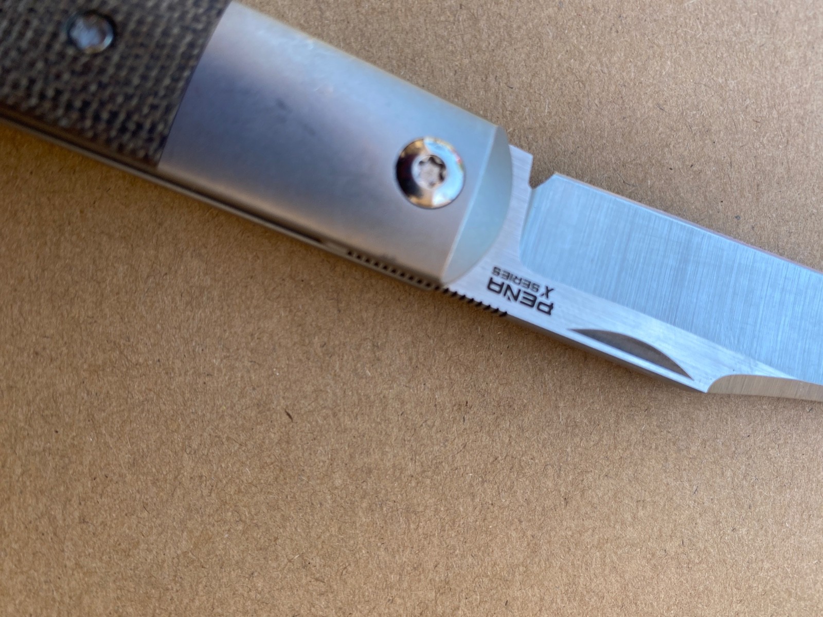 Pena X Series Titanium M390 Brown Micarta Overall 6.5″