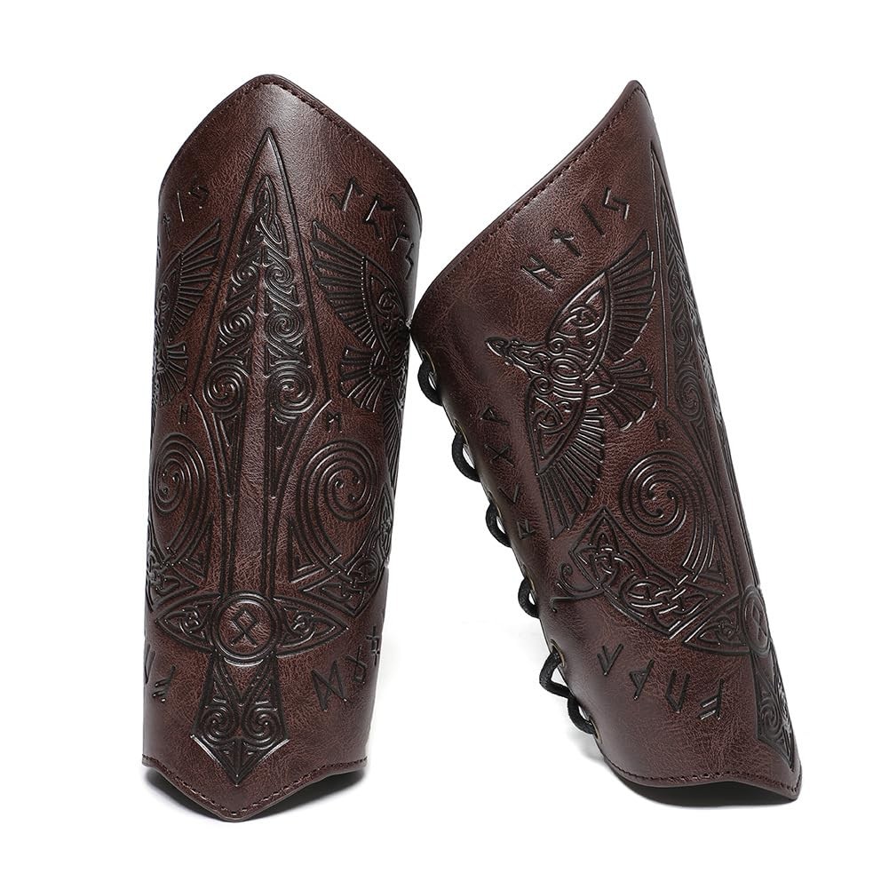Men’s Medieval Viking Leather Bracers Embossed Sword Arm Guard Gauntlet Pair