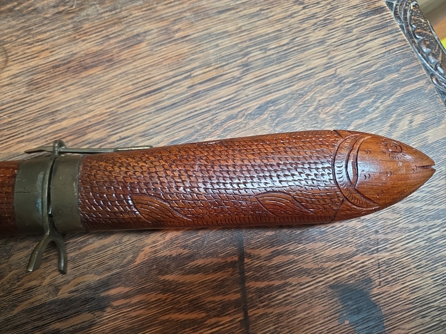 Carved Fish Knife Wood and Brass Vintage India