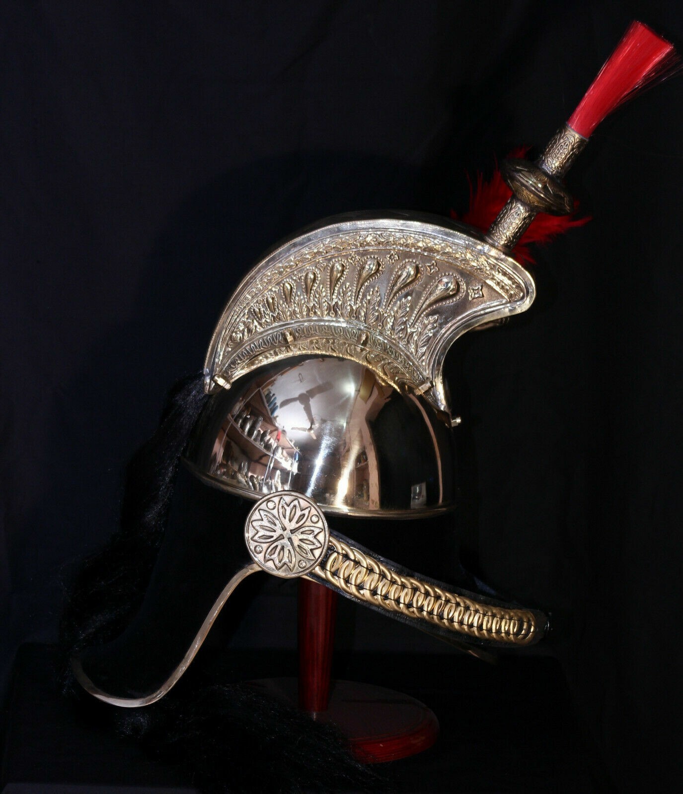 Brass French Cuirassier Officer’s Helmet Napoleon Style Helmet w Stand