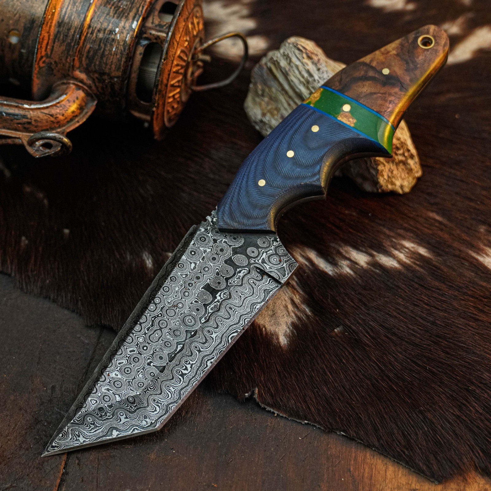 9.2″ Tanto EDC Knife Damascus Fixed Blade Wood Handle Full Tang + Sheath