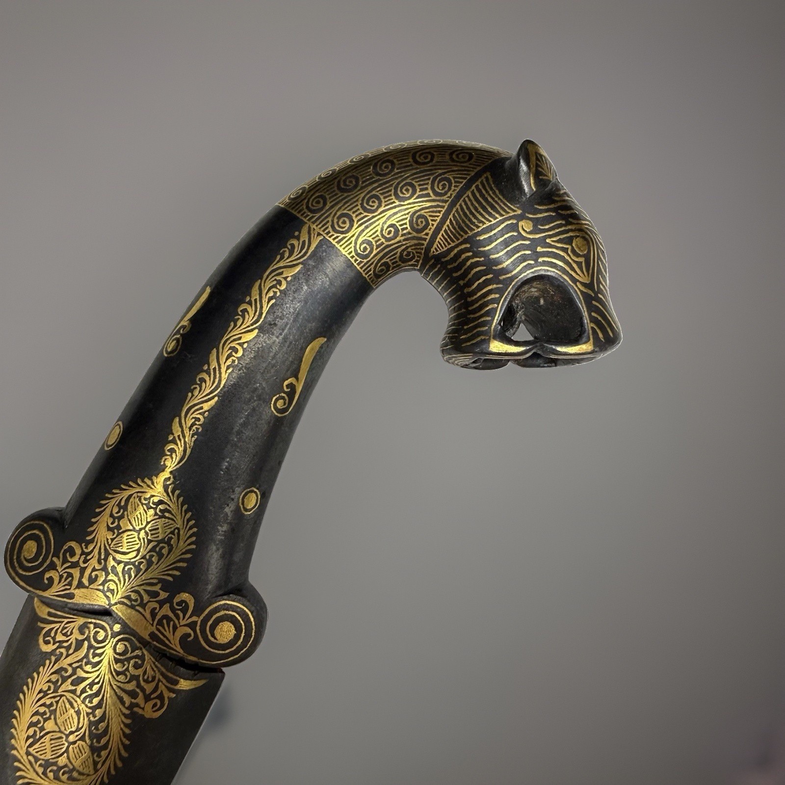 India Persian Khanjar Dagger Damascus Blade Gold Inlay Tiger Handle w Sheath