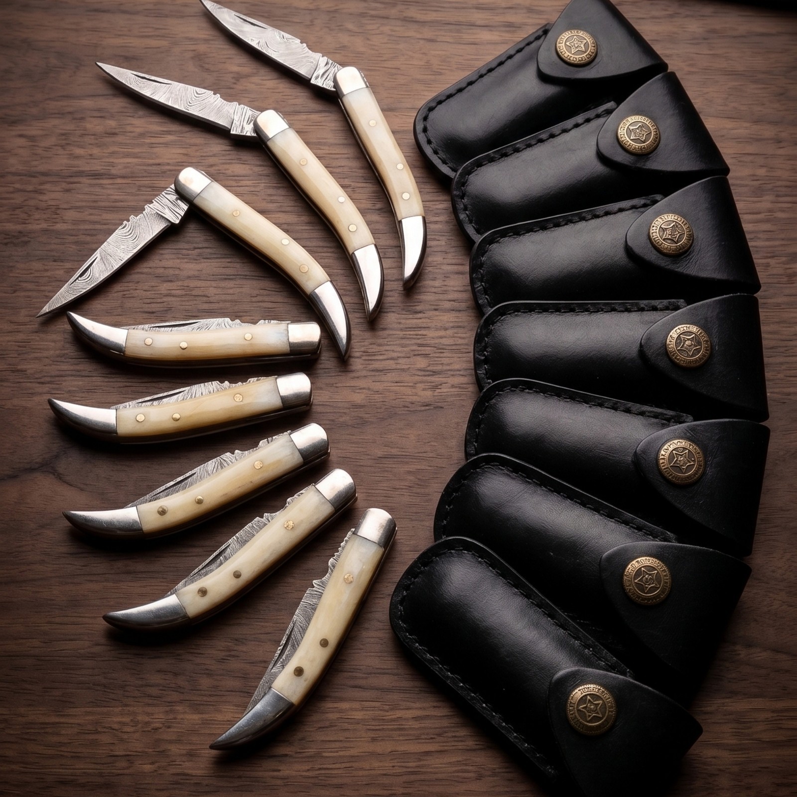 Wholesale Lot 8 Damascus Pocket Knives Camel Bone Gentleman Folder With Sheath