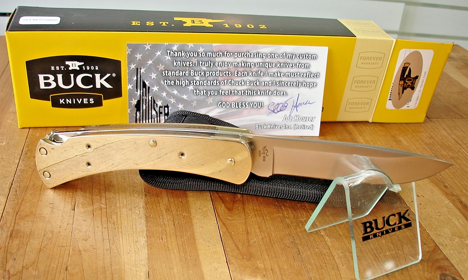 JOE HOUSER CUSTOM BUCK KNIFE 110 HUNTER BRASS INSIDE OUT DP 2024 BOS S30V BLADE