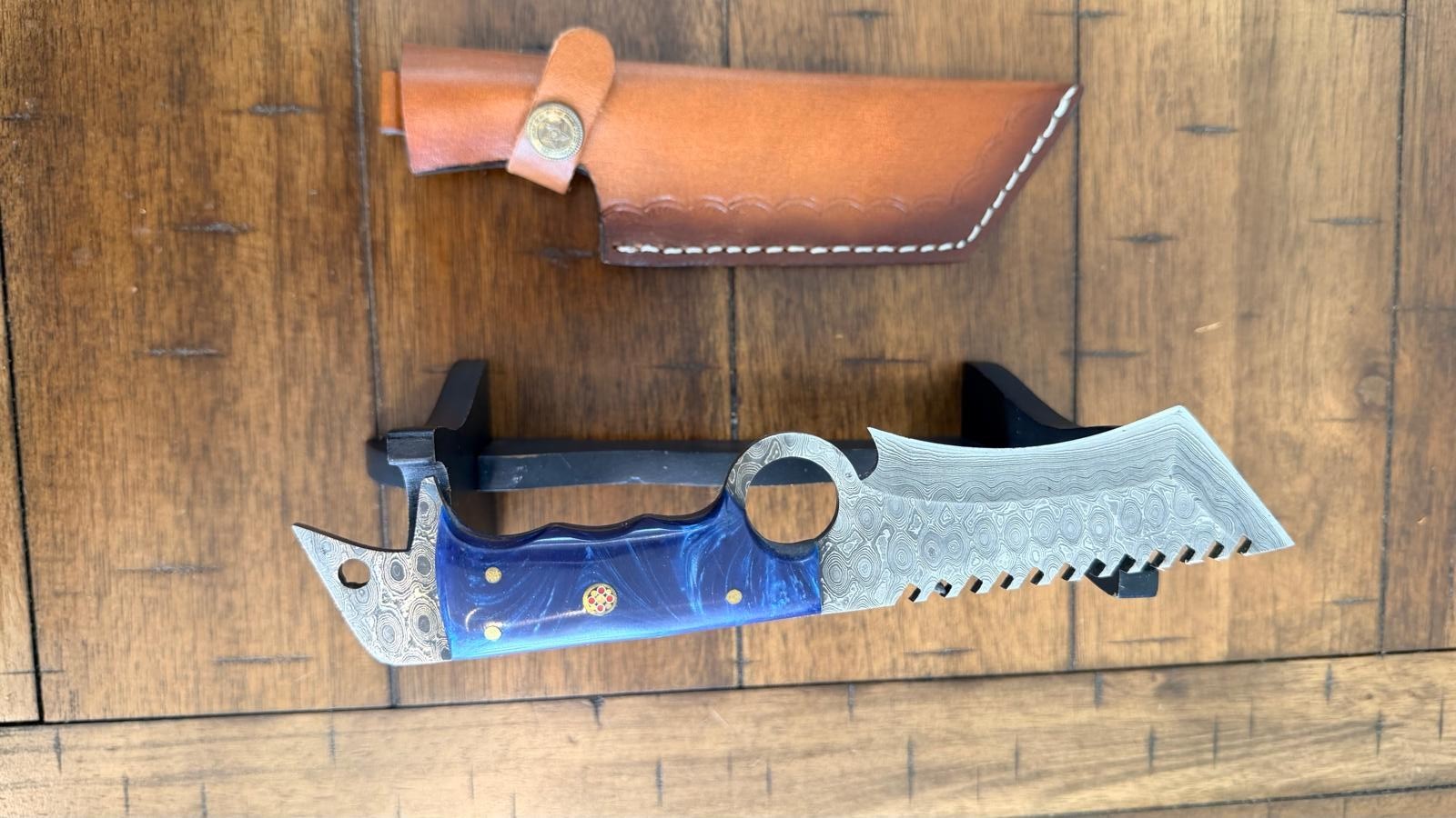 8″ HANDMADE CUSTOM DAMASCUS RESIN HANDLE TANTO KNIFE W/ MOSAIC PIN & SHEATH