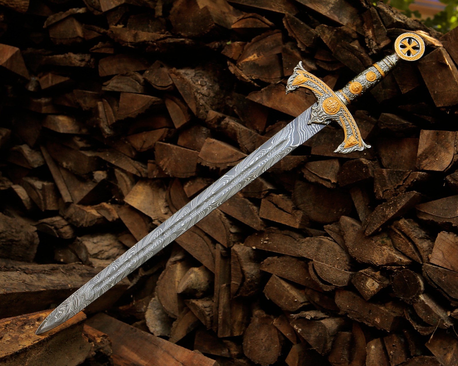 Crusader Damascus Steel Longsword Sword Medieval Knight Collector Sword & Pouch