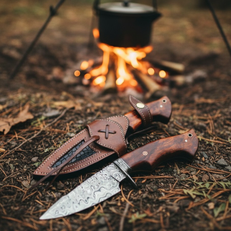 Damascus Steel Bobcat Hunting Knife, Handmade Fixed Blade Camping Outdoor Knife