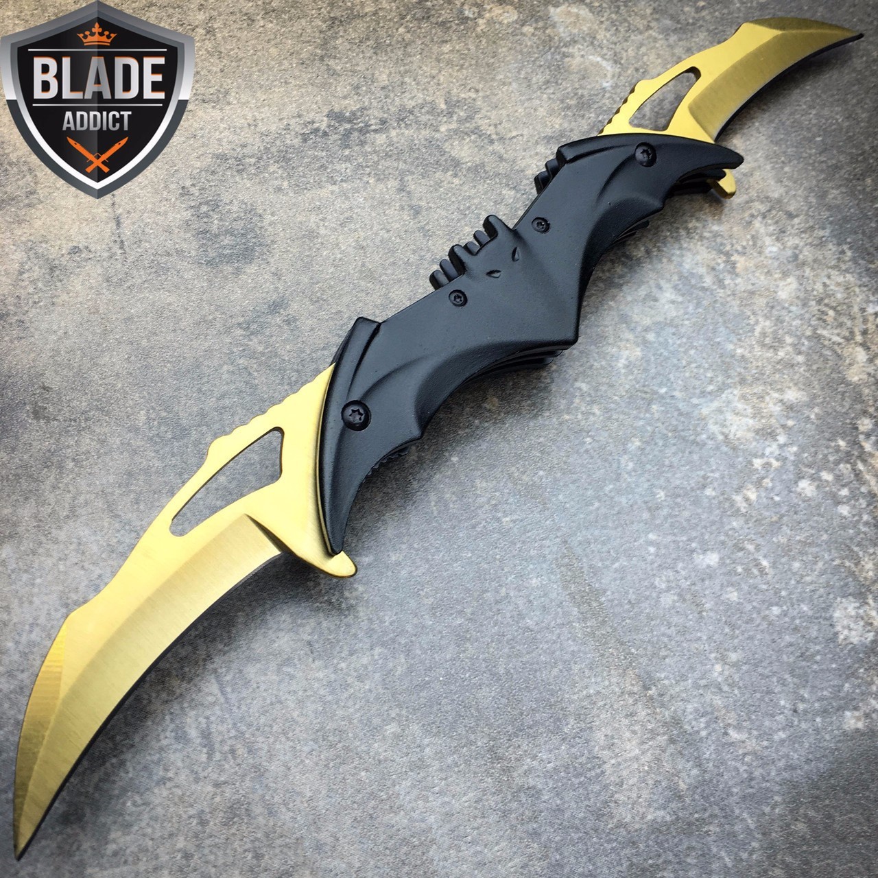 DARK KNIGHT SPRING ASSISTED DUAL BLADE BATMAN TACTICAL FOLDING KNIFE GOLD NEW