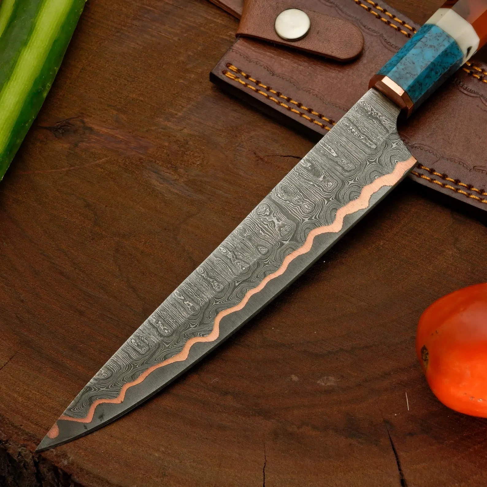 Custom Handmade Damascus Steel Copper San mai Chef knife & Leather Sheath