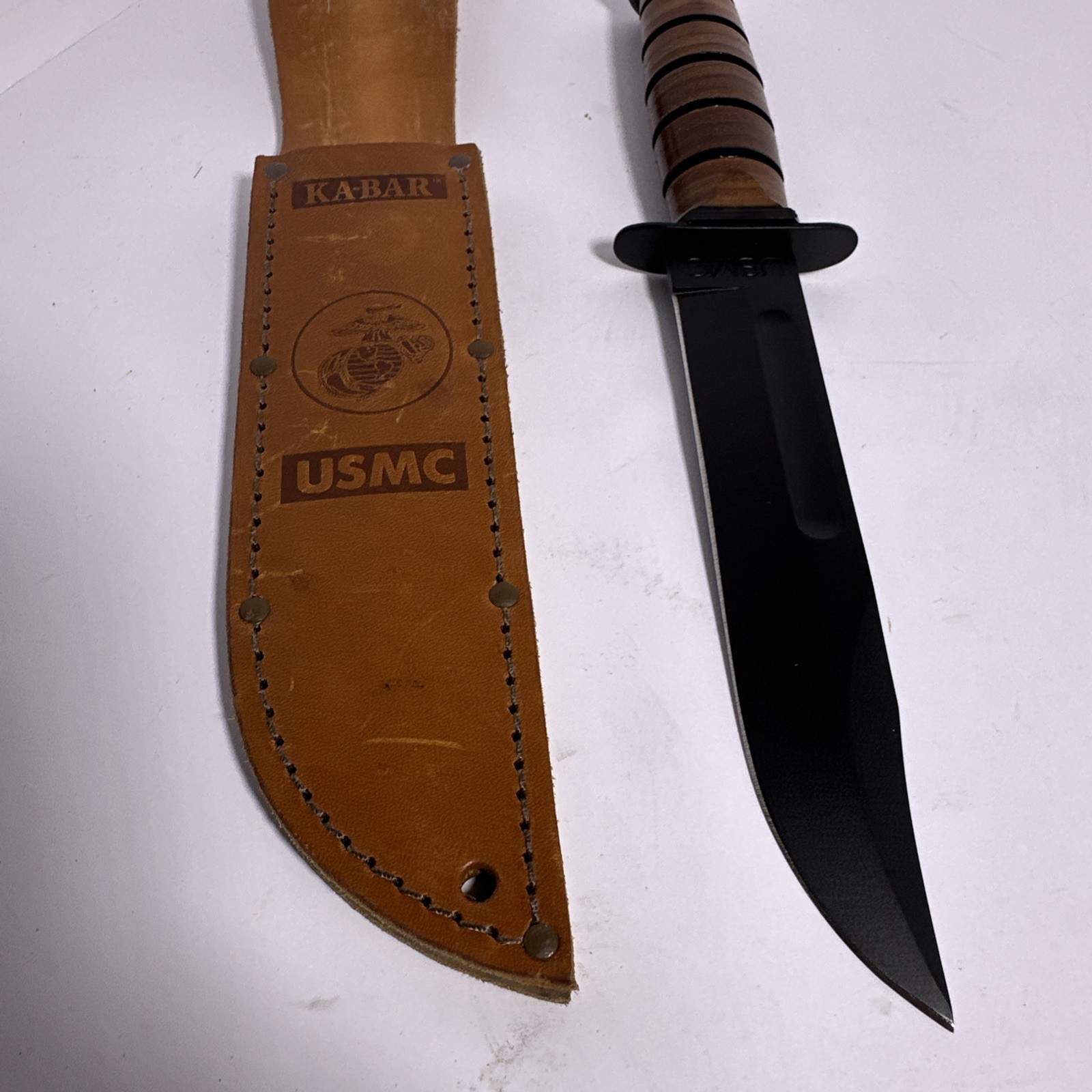 Ka-Bar USMC Fighting Utility Knife 1217 Olean NY 7” Blade Leather Sheath EXC