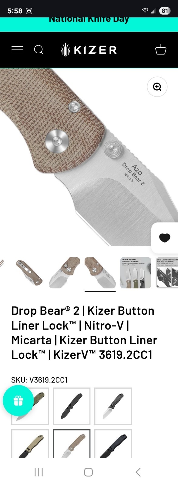Kizer Drop Bear 2 Pocketknife Nitro-V Clip Point Plain Liner Lock Brown Micarta