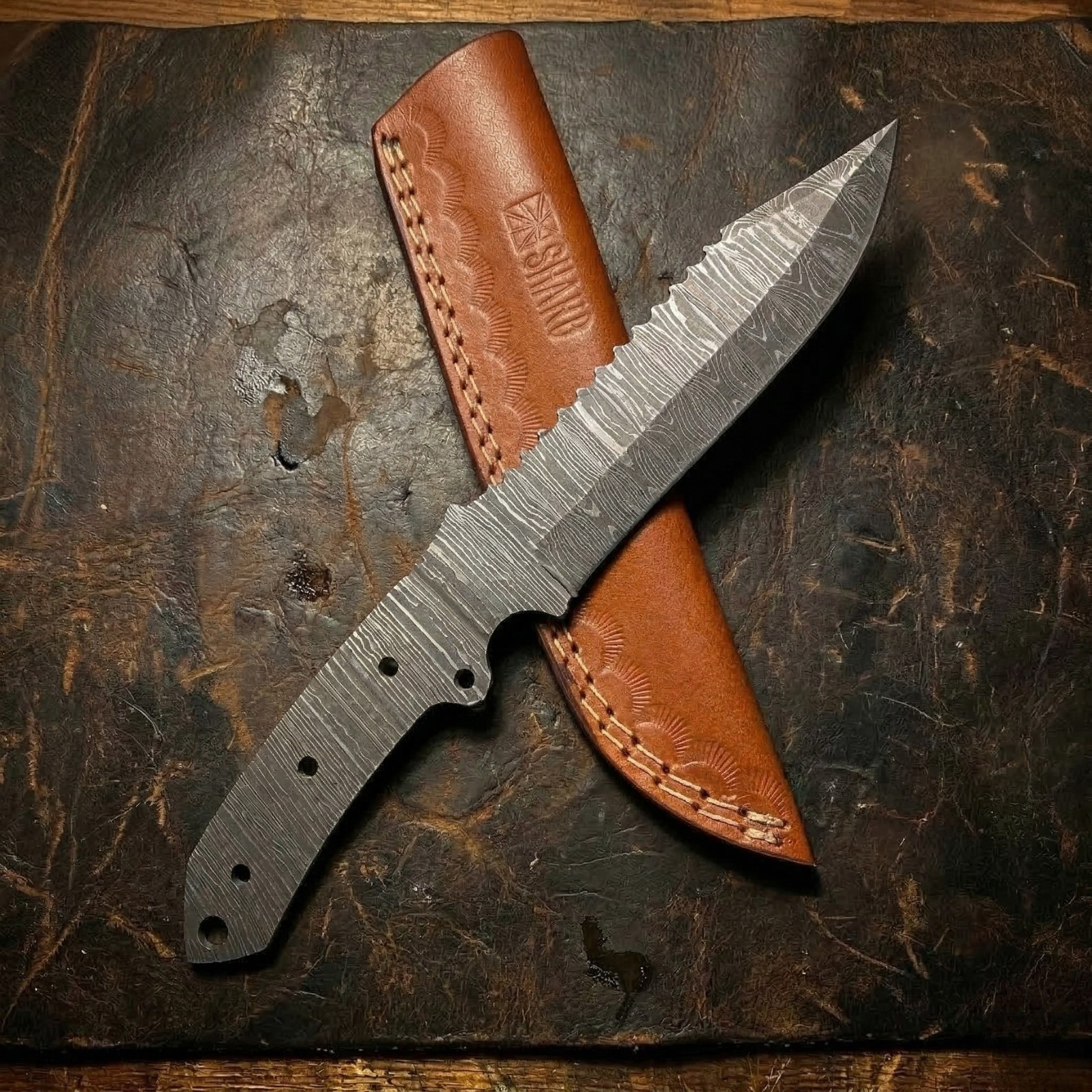 10″ Damascus Fixed Blade Blank Full Tang Bushcraft Tool with Leather Sheath