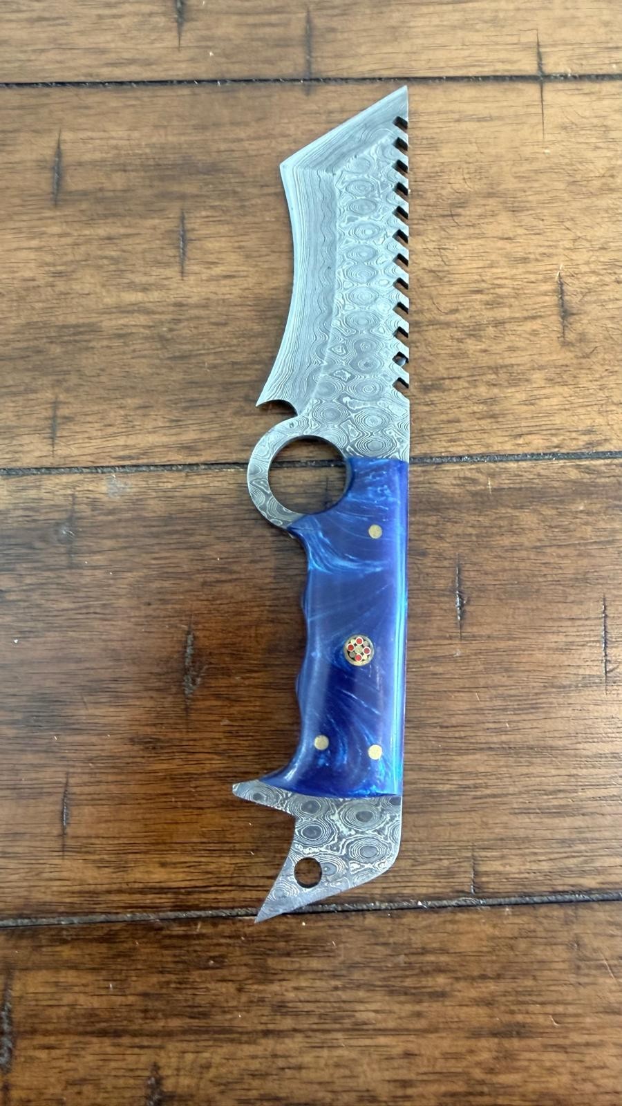 8″ HANDMADE CUSTOM DAMASCUS RESIN HANDLE TANTO KNIFE W/ MOSAIC PIN & SHEATH