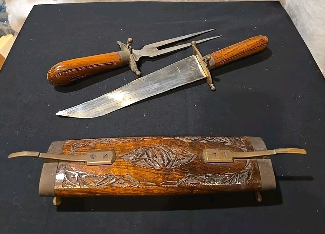 Vintage Indian Carving Knife and Fork set wooden carved wood and brass trim
