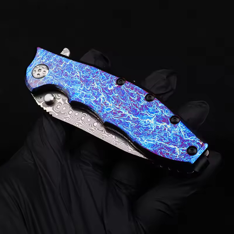 Damascus TC4 Titanium Alloy Anodized Blue Handle Outdoor Camping EDC Pocketknife